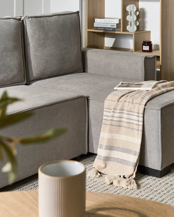 A modern gray fabric sectional sofa in a styled living room setting, featuring a striped beige and gray throw blanket draped over the armrest.