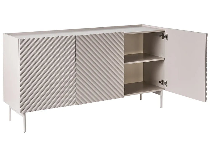 A modern sideboard cabinet in a light gray finish, featuring two doors with a diagonal ribbed chevron pattern and one open door showing two interior shelves. The cabinet is supported by slim metal legs and photographed against a solid white background.