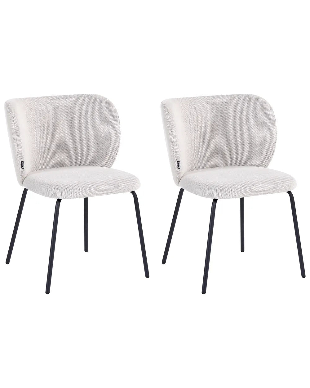Two modern dining chairs with light beige textured fabric upholstery and slim black metal legs, shown side by side on a white background.