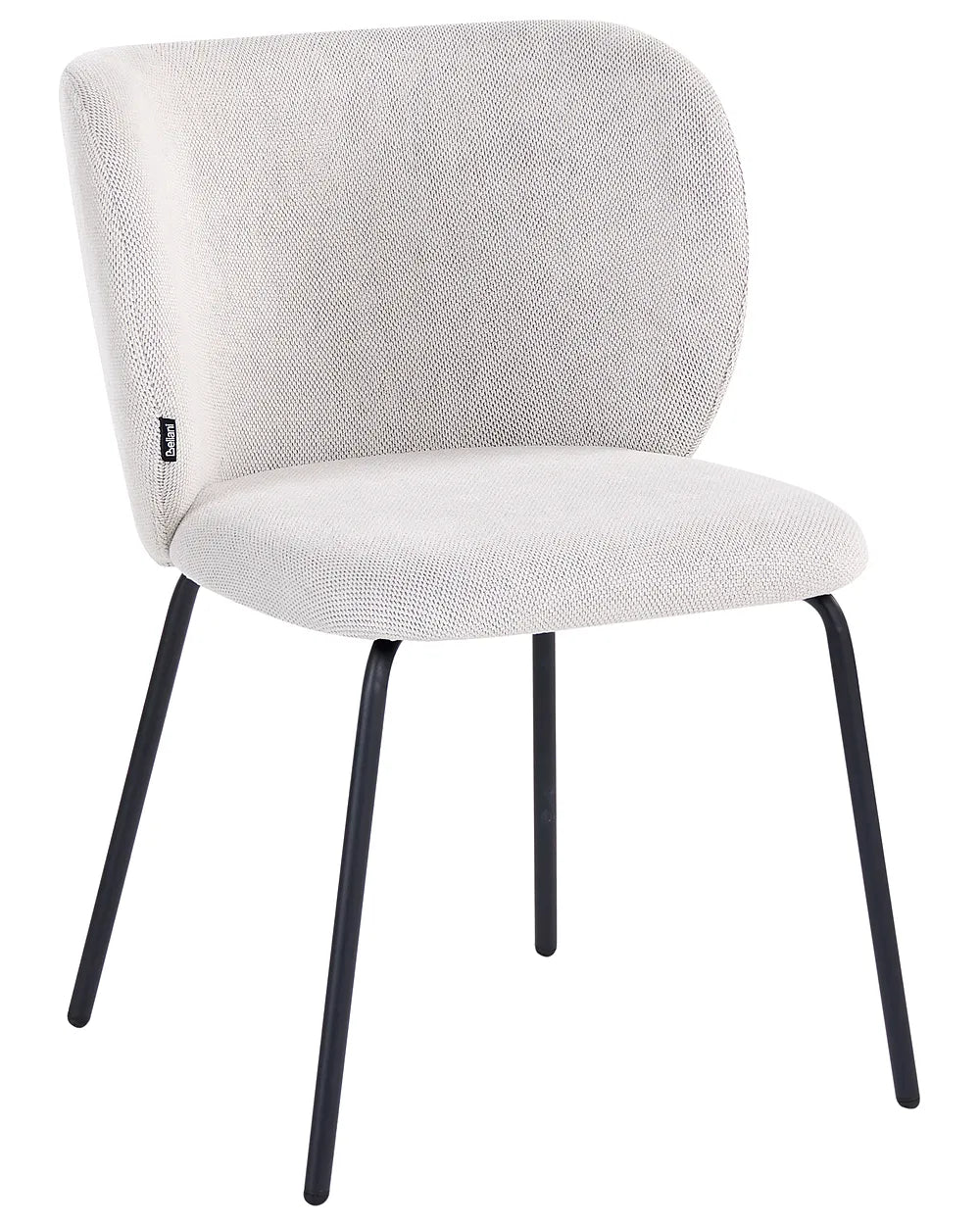 A modern dining chair with a textured light beige fabric upholstered seat and curved backrest, supported by slim black metal legs, shown against a plain white background.