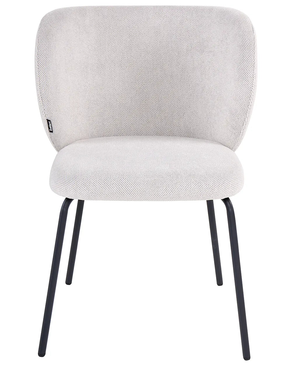 Gray upholstered chair with black legs on a white background