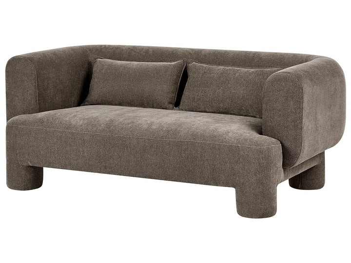 A modern two-seater sofa upholstered in textured taupe fabric, featuring rounded arms, two matching back cushions, and chunky cylindrical legs, shown against a plain white background.