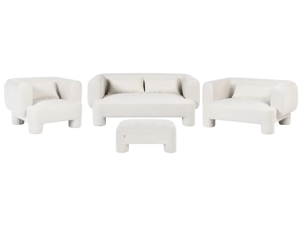 A modern four-piece living room furniture set in a warm off-white fabric, including a loveseat, two armchairs, and a low rectangular ottoman, shown against a solid white background.