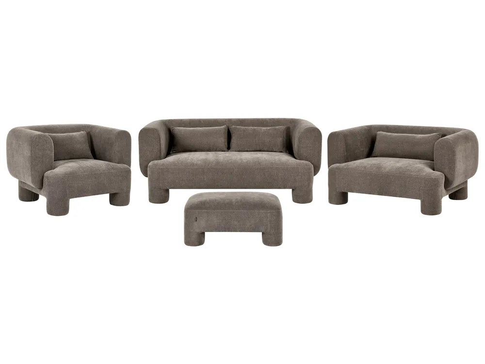 A four-piece upholstered living room furniture set in a warm taupe-gray fabric, including a loveseat, two armchairs, and a rectangular ottoman, shown against a plain white background.