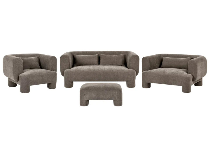 A four-piece upholstered living room furniture set in a warm taupe-gray fabric, including a loveseat, two armchairs, and a rectangular ottoman, shown against a plain white background.