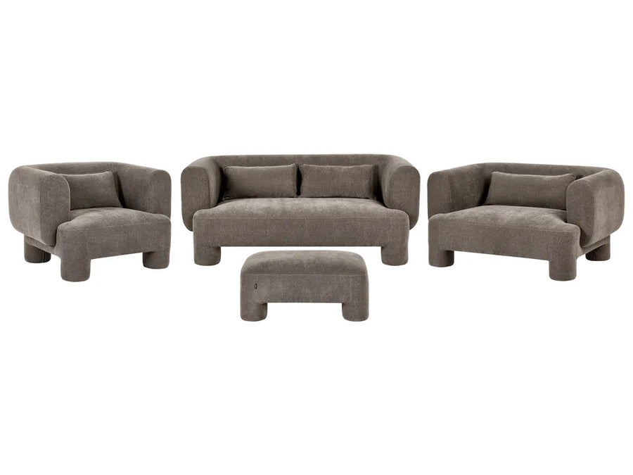 A four-piece upholstered living room furniture set in a warm taupe-gray fabric, including a loveseat, two armchairs, and a rectangular ottoman, shown against a plain white background.