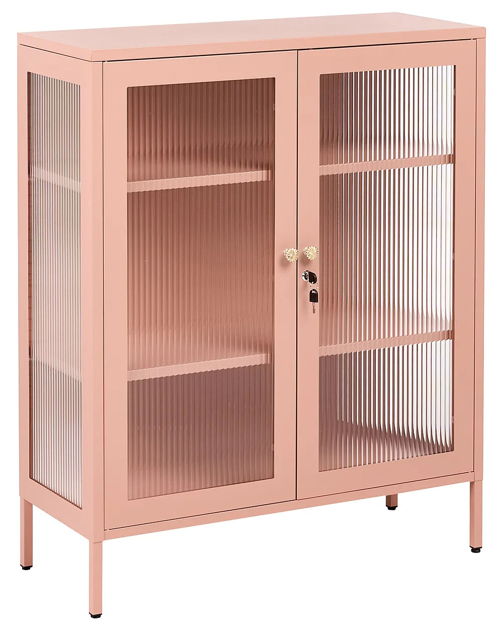 A dusty pink metal cabinet with two doors featuring vertical fluted glass panels, two interior shelves, and small legs, shown on a plain white background.