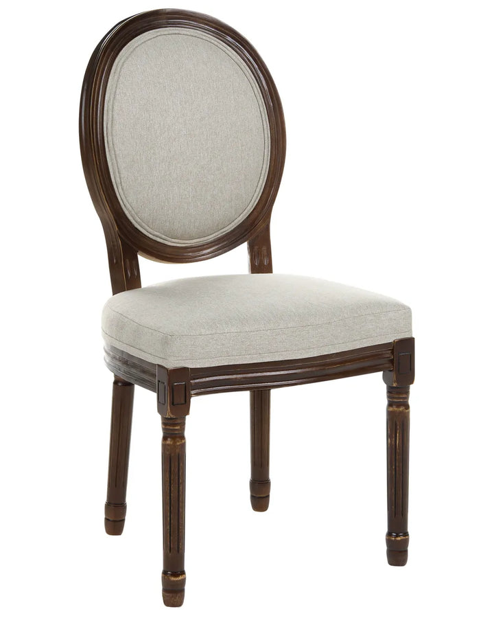 An elegant side chair with a dark brown wooden frame, featuring a tall oval backrest and a square seat cushion upholstered in a light beige textured fabric, shown against a plain white background.