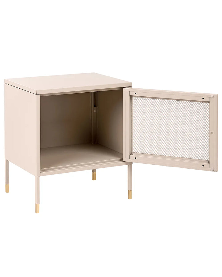 A modern side table or nightstand in a light beige finish, featuring a square open interior, a slanted top, and a hinged door with a white mesh screen, shown on a solid white background.