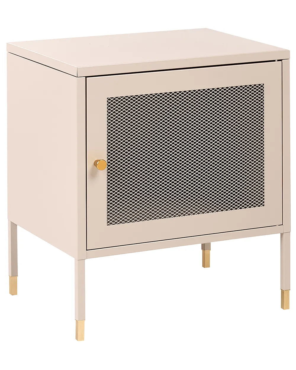 A modern side cabinet with a cream-colored frame, a black mesh door panel, and gold-tone legs and knob, shown on a plain white background.
