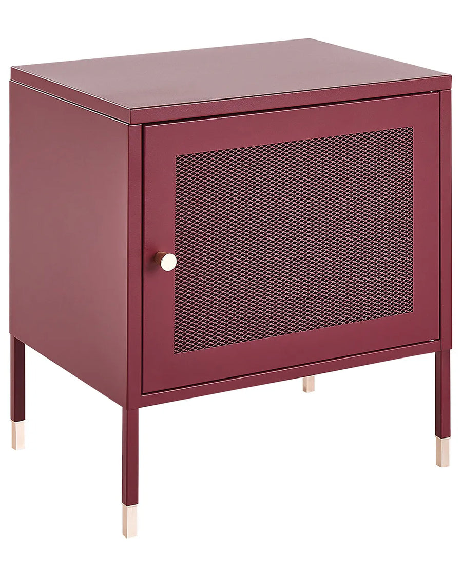 Mauve-colored cabinet with a mesh door on a white background