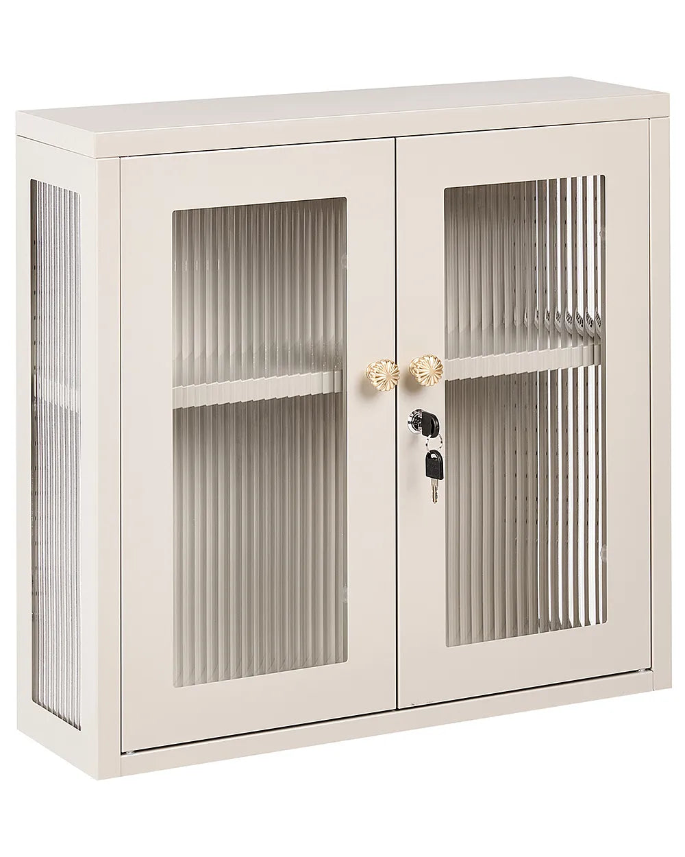 A cream-colored metal storage cabinet with two doors featuring vertical fluted glass panels, a single shelf, and a lock with two keys, set against a plain white background.