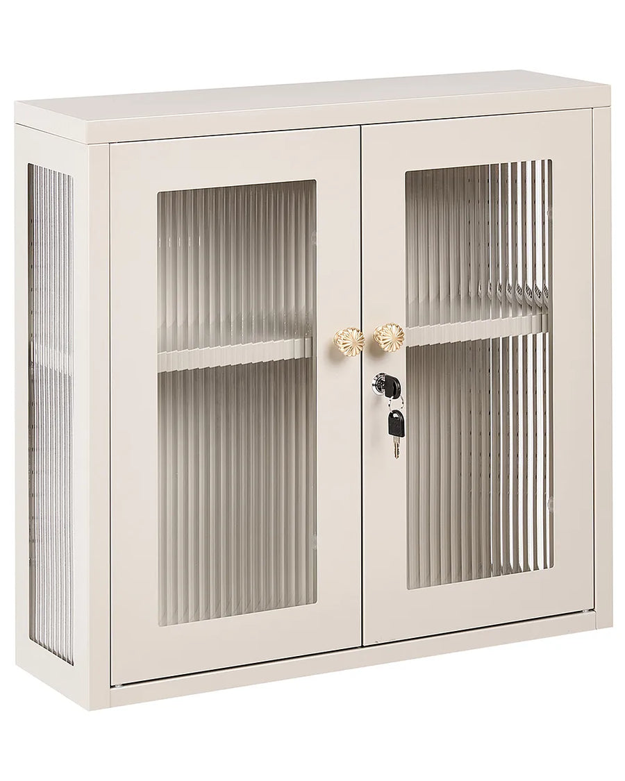 A cream-colored metal storage cabinet with two doors featuring vertical fluted glass panels, a single shelf, and a lock with two keys, set against a plain white background.