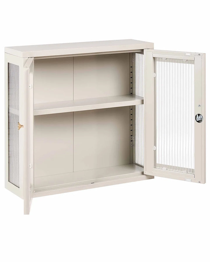 A light beige metal storage cabinet with two doors, one open to show the interior shelves and the other partially open with a ribbed glass door panel.