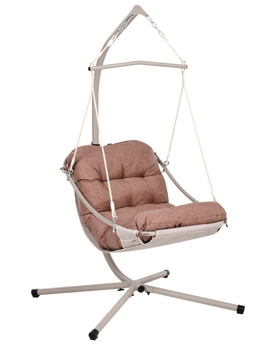 A fabric-covered hanging chair with a cushioned seat and backrest, suspended from a curved metal stand with black feet, shown on a plain white background.