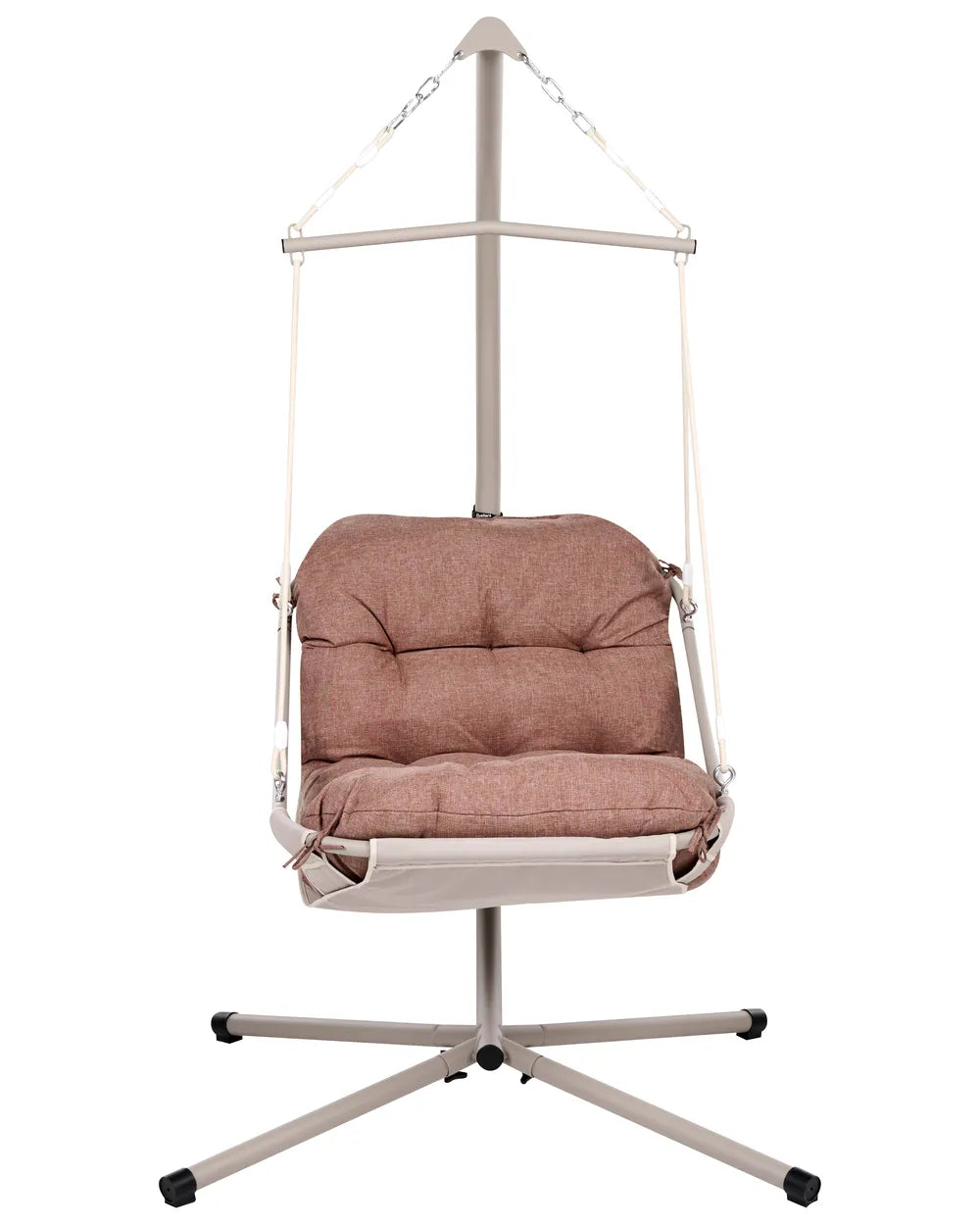 A fabric-covered hanging chair with a tufted cushioned seat and backrest, suspended from a metal stand with a five-star base against a plain white background.