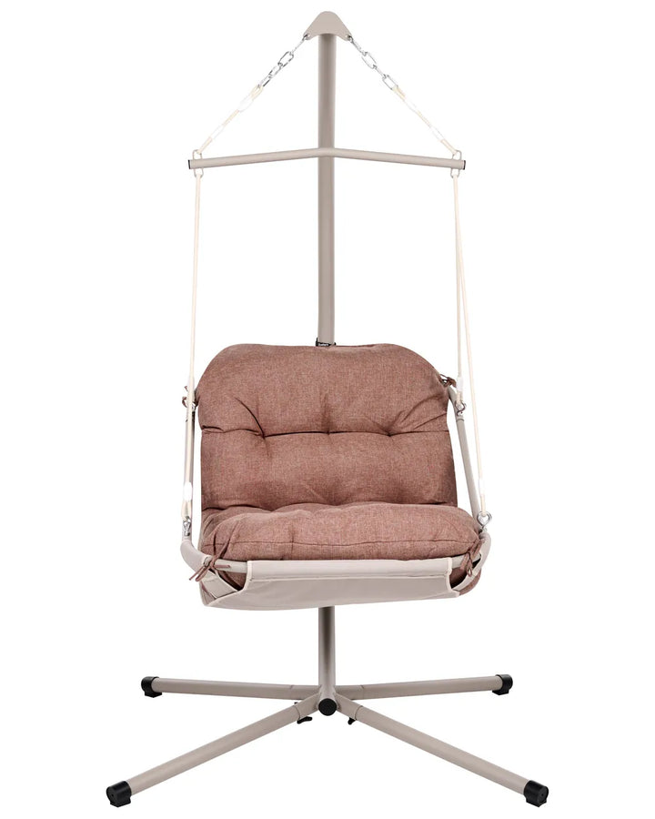 A fabric-covered hanging chair with a tufted cushioned seat and backrest, suspended from a metal stand with a five-star base against a plain white background.
