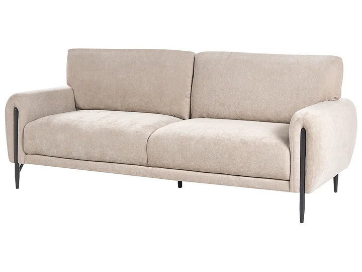 A modern two-seater sofa upholstered in a textured light beige fabric, featuring dark metal legs, shown against a plain white background.