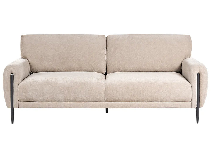 A modern two-seater sofa upholstered in a textured light beige fabric, featuring dark metal legs, shown against a plain white background.