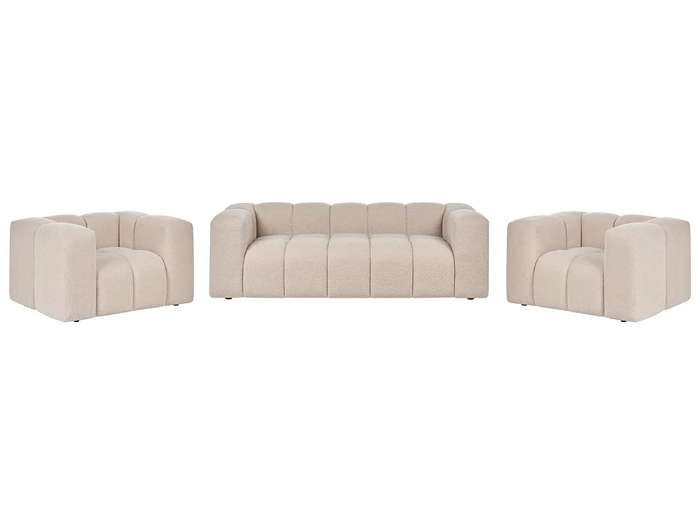 A three-piece upholstered seating set featuring a central tufted sofa flanked by two matching armchairs in a light beige fabric, shown against a plain white background.