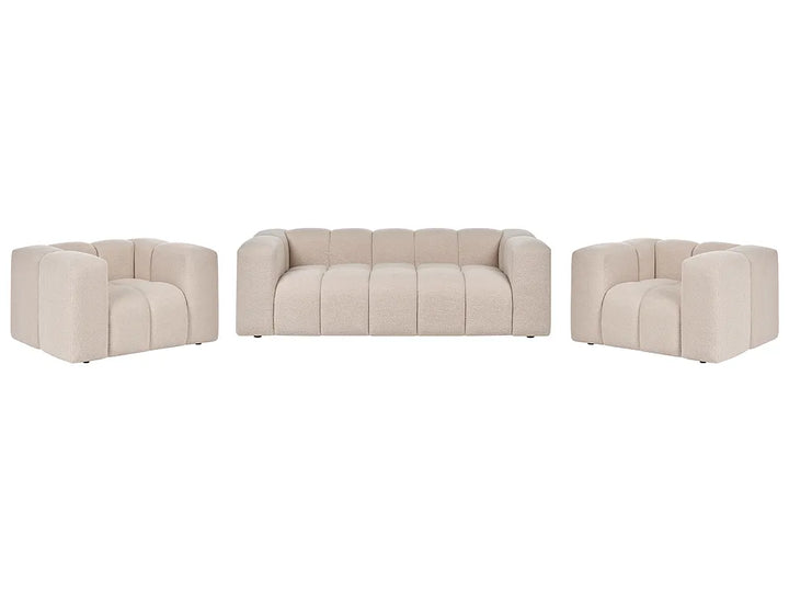 A three-piece upholstered seating set featuring a central tufted sofa flanked by two matching armchairs in a light beige fabric, shown against a plain white background.