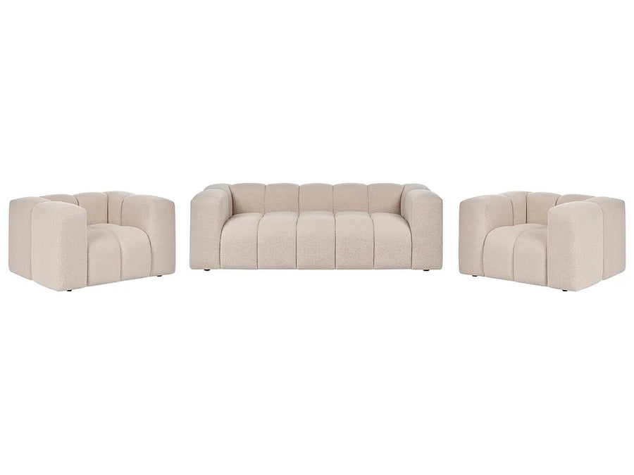 A three-piece upholstered seating set featuring a central tufted sofa flanked by two matching armchairs in a light beige fabric, shown against a plain white background.