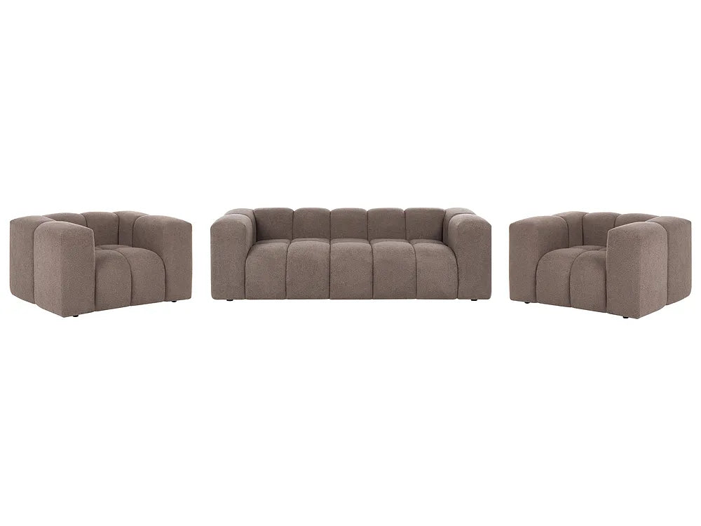 A three-piece upholstered seating set consisting of a central tufted sofa flanked by two matching armchairs, all in a taupe-brown fabric, shown against a plain white background.
