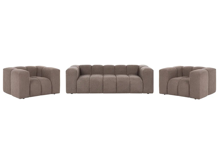 A three-piece upholstered seating set consisting of a central tufted sofa flanked by two matching armchairs, all in a taupe-brown fabric, shown against a plain white background.