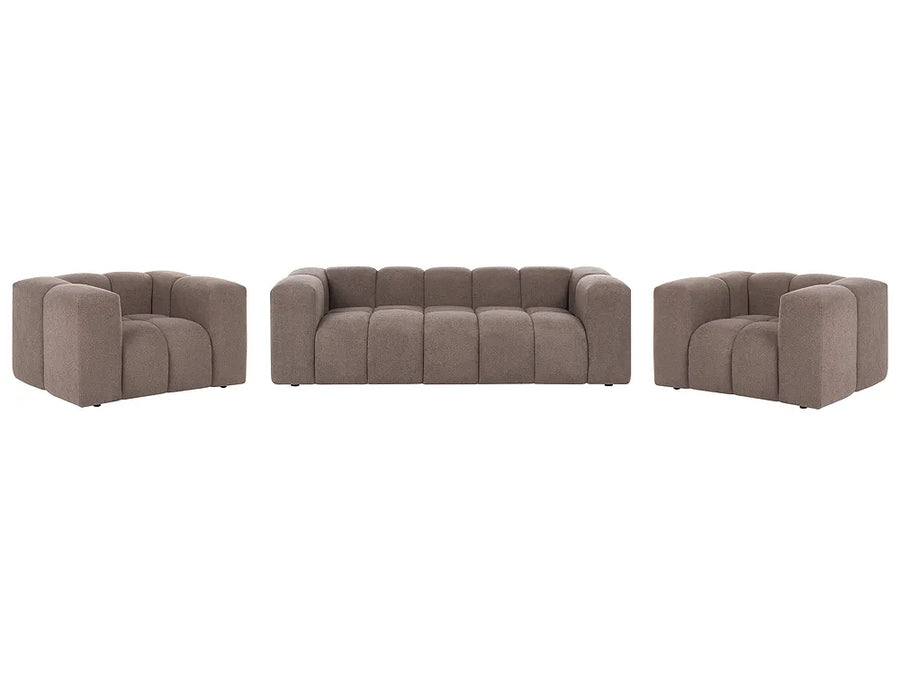 A three-piece upholstered seating set consisting of a central tufted sofa flanked by two matching armchairs, all in a taupe-brown fabric, shown against a plain white background.