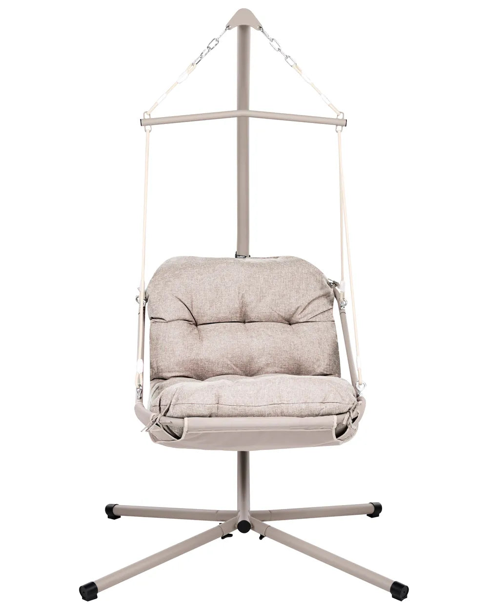 A fabric-covered hanging chair with a tufted cushioned seat and back, suspended from a metal stand with a five-star base on a white background.