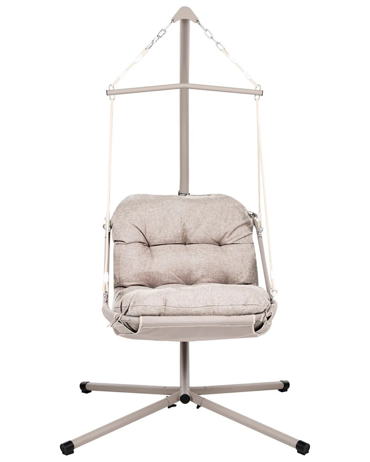 A fabric-covered hanging chair with a tufted cushioned seat and back, suspended from a metal stand with a five-star base on a white background.
