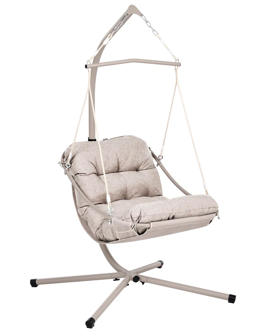 A fabric-covered hanging swing chair with a padded seat and backrest, suspended from a curved metal stand with a chain-and-bar top frame, shown on a plain white background.