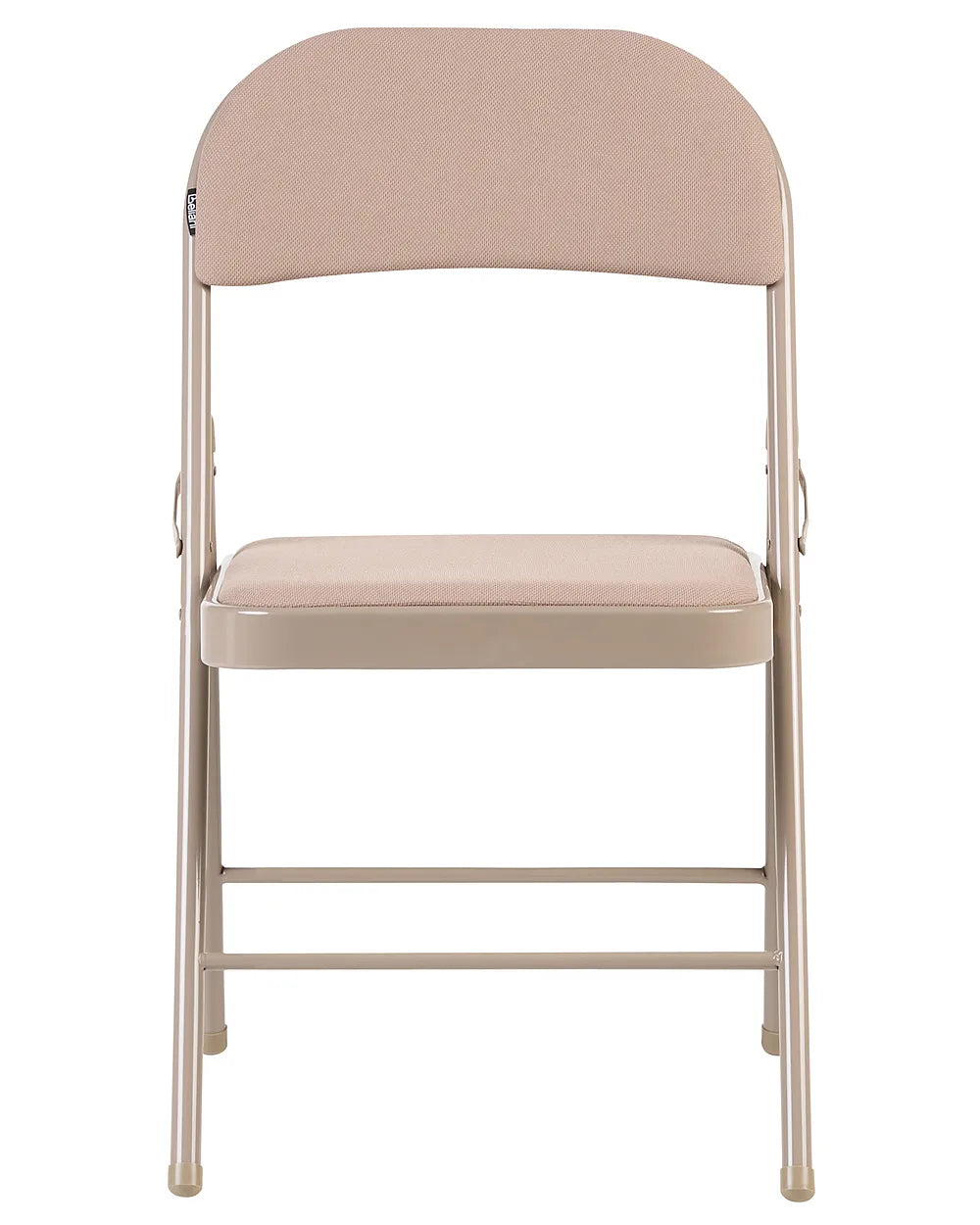 A folding chair with a light beige fabric upholstered seat and backrest, supported by a metallic gold-toned frame, shown against a plain white background.