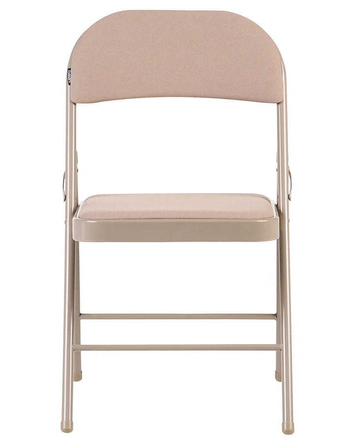 A folding chair with a light beige fabric upholstered seat and backrest, supported by a metallic gold-toned frame, shown against a plain white background.