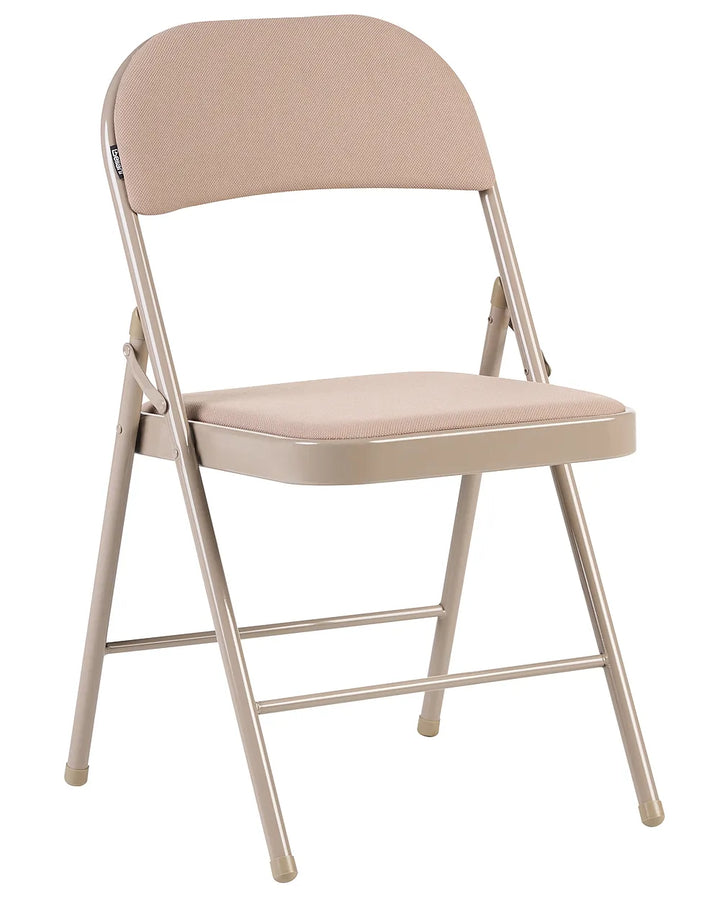 A folding chair with a light beige upholstered seat and backrest, supported by a metallic champagne-gold frame, shown against a plain white background.