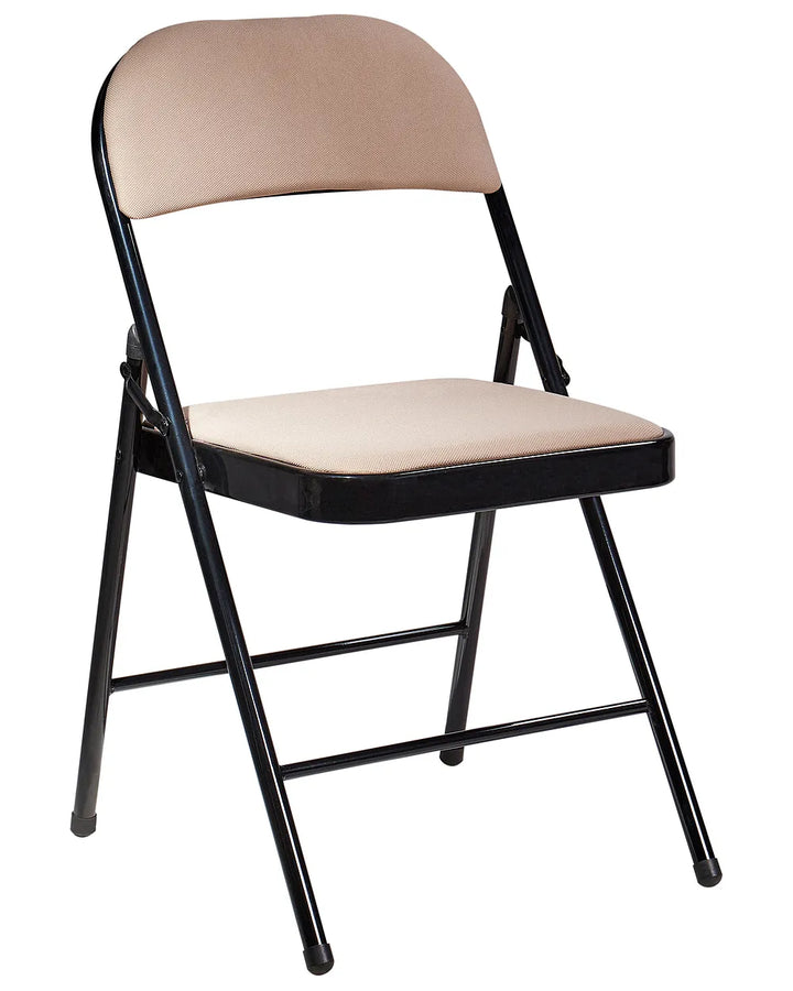 Beige folding chair with black metal frame on a white background