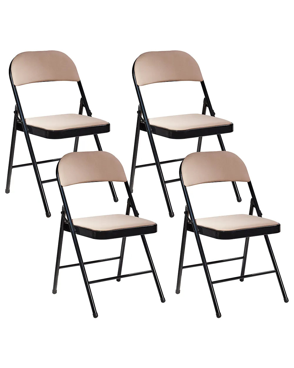 Four beige folding chairs with black frames on a white background
