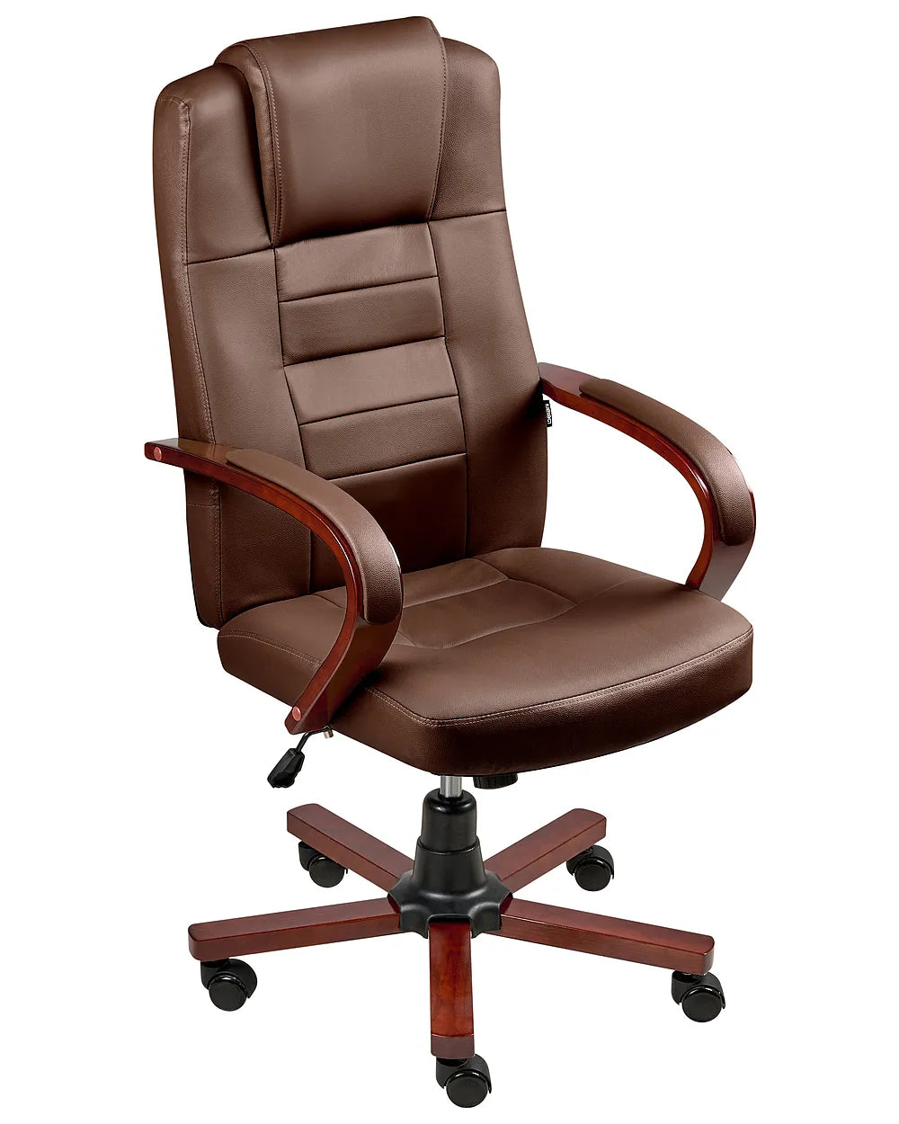 A brown faux-leather office chair with a high back, padded armrests, and a five-star wooden base with casters, shown against a plain white background.