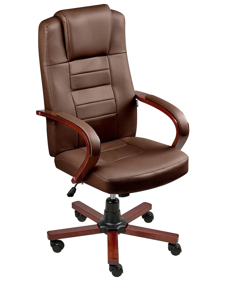 A brown faux-leather office chair with a high back, padded armrests, and a five-star wooden base with casters, shown against a plain white background.