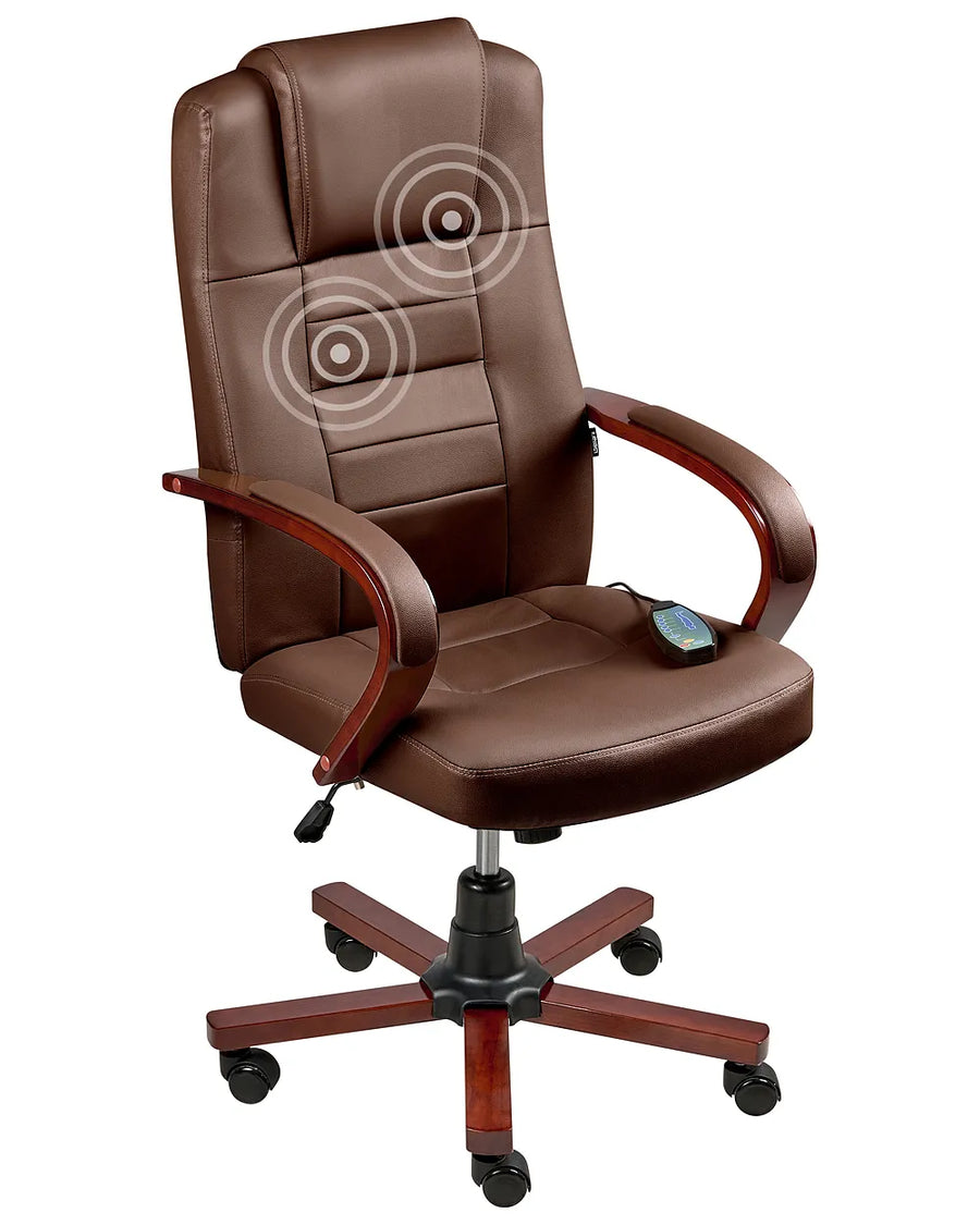 Brown faux-leather office chair with a high back, wood-look armrests, a black five-star wheeled base, and a small remote on the seat, shown on a white background with overlaid circular graphic icons.