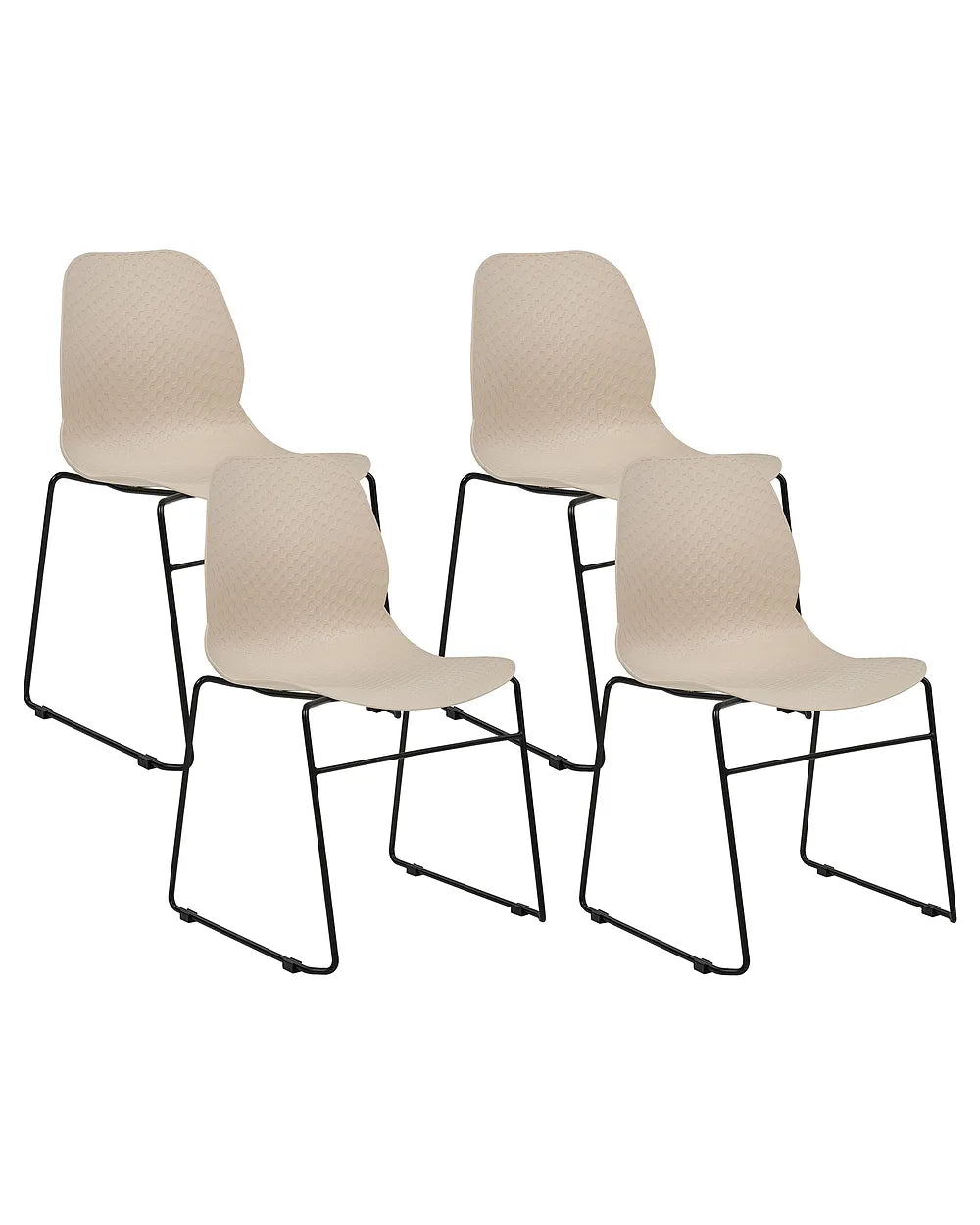 Four modern dining chairs with textured beige molded plastic seats and backs on slim black metal sled bases, arranged in a 2x2 grid on a white background.