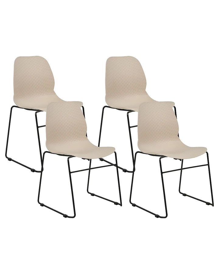 Four modern dining chairs with textured beige molded plastic seats and backs on slim black metal sled bases, arranged in a 2x2 grid on a white background.