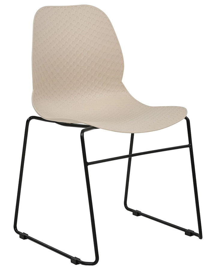 A modern side chair with a textured, woven-look beige seat and backrest, supported by a sleek black metal frame, shown against a plain white background.