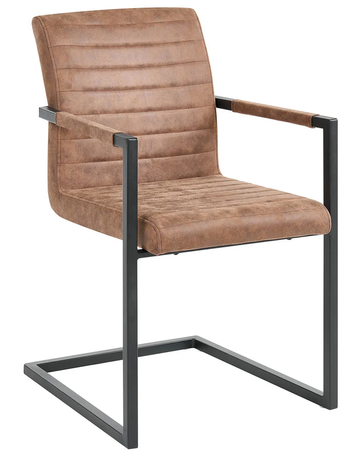 A modern armchair with a brown faux-leather upholstered seat and backrest, featuring a ribbed design and a black metal cantilever frame, shown against a plain white background.