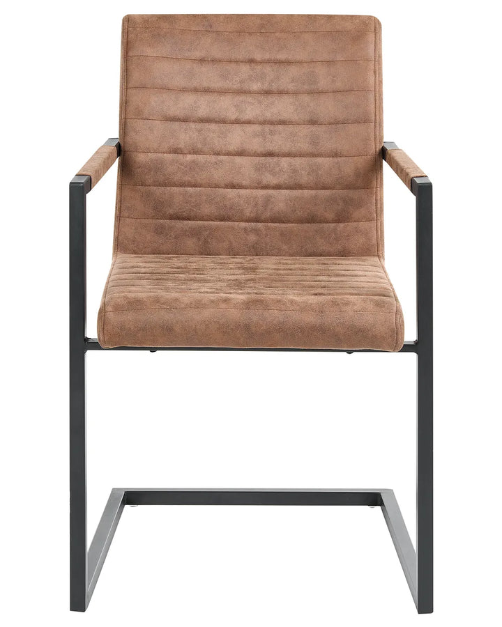 A modern dining chair with a brown faux-leather upholstered seat and backrest, featuring horizontal channel tufting and a black metal frame with integrated armrests.