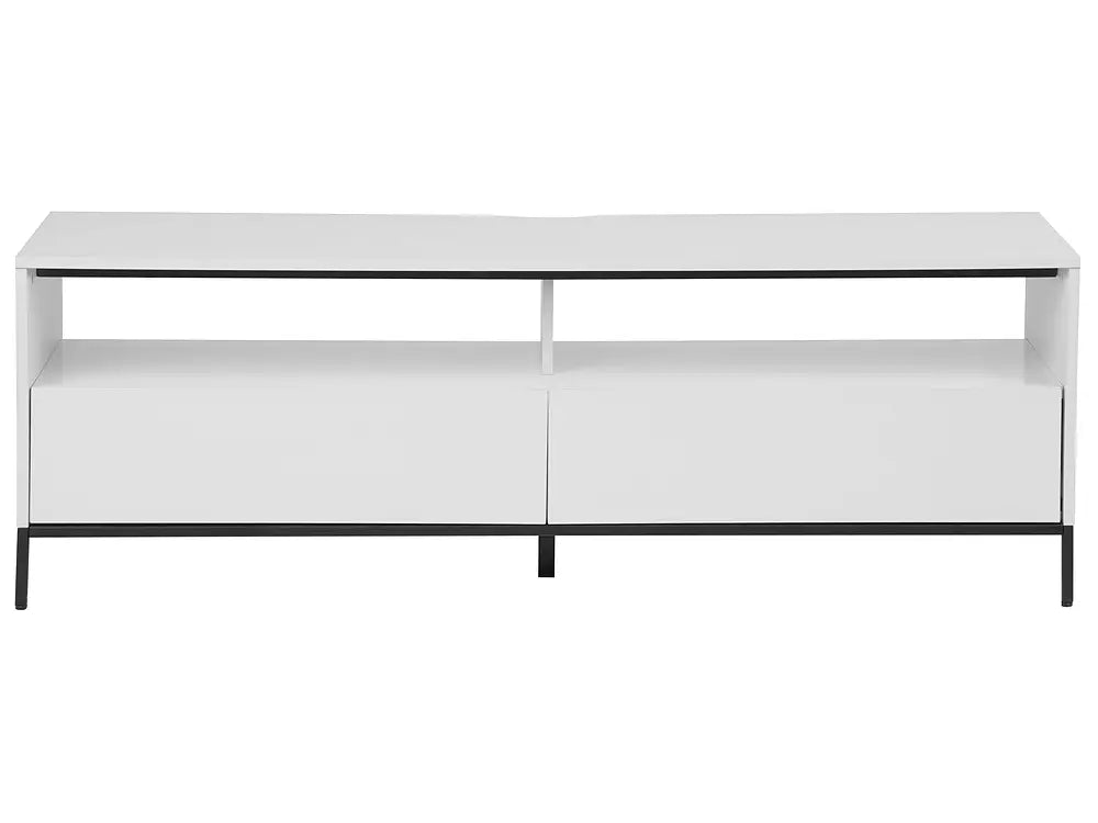 A modern white media console with two lower cabinet doors, open shelving above, and a slim black metal frame and legs, shown against a plain white background.
