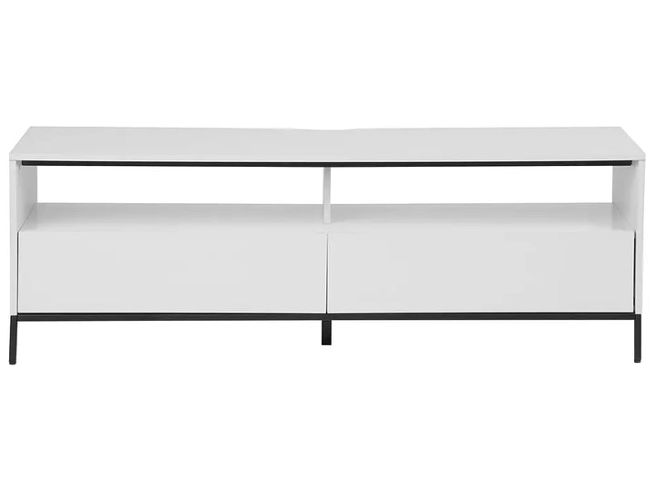A modern white media console with two lower cabinet doors, open shelving above, and a slim black metal frame and legs, shown against a plain white background.