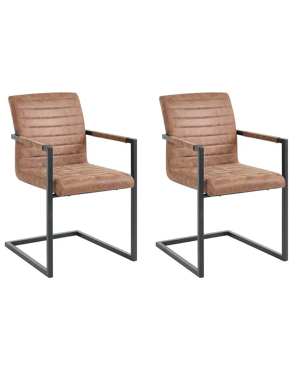 Two matching modern dining armchairs with brown faux-leather seats and backs, featuring horizontal channel tufting, wooden-look armrests, and black cantilever steel bases, shown on a plain white background.