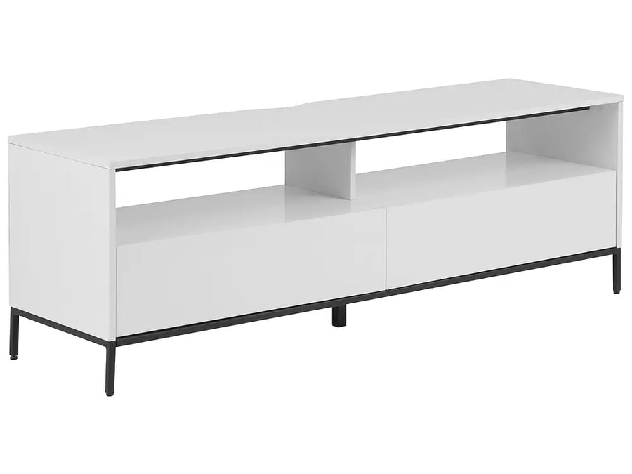 A modern white media console with two cabinet doors, open shelves, and slim black metal legs, shown on a plain white background.