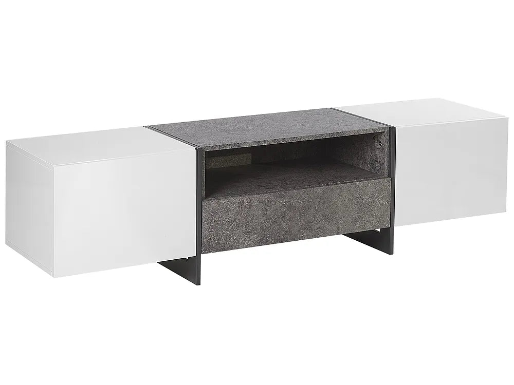 A modern floating TV stand with a white high-gloss finish on the side cabinets and a textured dark gray central drawer, shown on a plain white background.